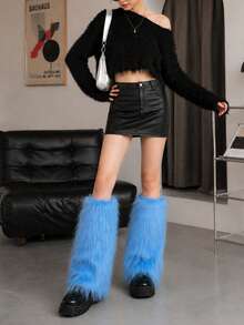 1 Pair Women's Sky Blue Faux Fur Leg Warmers, Fluffy Mid-Calf Boot Covers, Cozy Y2K Street Style Leg Sleeve For Parties, Daily Winter Outfits - Multicolor - View 8