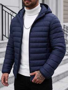 Men's Winter Daily Commute Solid Color Minimalist Versatile Casual Hooded Padded Coat - Blue - View 2