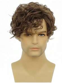 Men's Short Brown Wig, Curly Layered Natural Side Part Hairstyle, Heat Resistant Synthetic Wig With Wig Cap - Brown - View 4