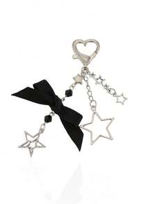 1pc Y2K Black Pink Bowknot Star Beaded Keychain, Cool Aesthetic Heart Clasp Bag Charm For Teen Girls Backpack Decor Gift - Multicolor - View 8