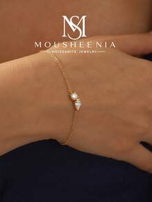 MOUSHEENIA Dainty Round Cut Moissanite Bracelet 925 Sterling Silver Plated 14K Gold Bezel Set Station Satellite Chain Adjustable Fine Jewelry For Women - 00180MSB - View 2