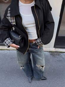 Women's Spring/Autumn/Winter Patchwork Plaid Jacket With Practical Pockets, Ideal For Cold Weather City Commute - Black - View 3