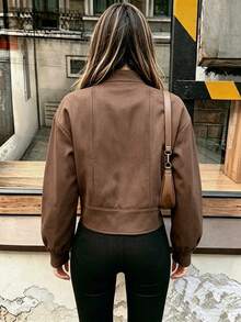 Retro Maillard-Style Stand-Collar Puff-Sleeve Cropped Jacket,Casual Elegant Fall Winter Button-Front Coffee-Brown Suede Coat,Halloween Outfits - Coffee Brown - View 5