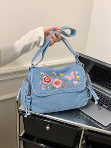 休閒時尚軟牛仔布多層斜挎包，多口袋設計，大容量百搭通勤女款單肩包，適合牛仔女孩 - 藍色 - 查看 7