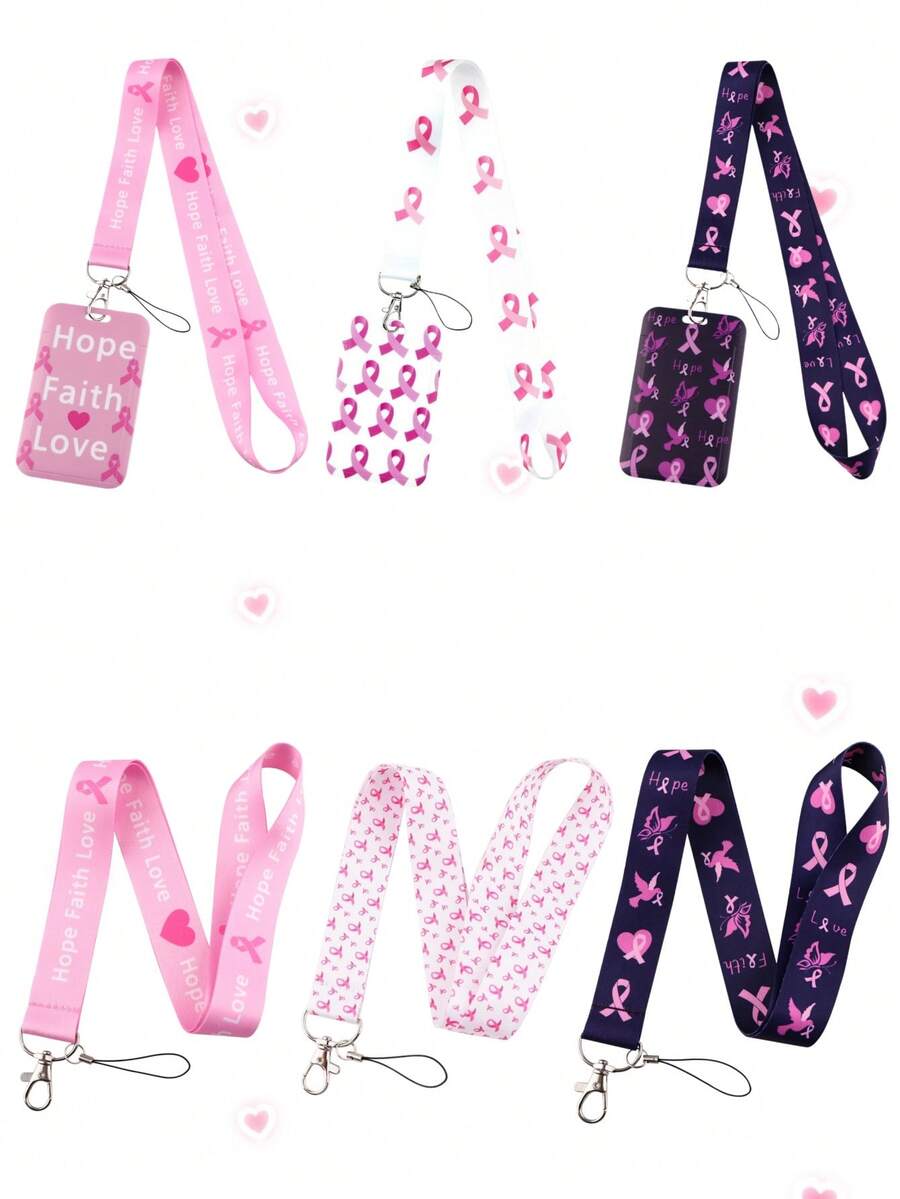 1pc Loving White Pink Ribbon Breast Cancer Awareness Pattern Mobile Phone Lanyard Bow Card Holder Black Pink Key Card Holder Lanyard, Suitable For Event Souvenirs Or Gifts - Multicolor - View 1