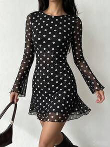 Polka Dot Backless Black Dress, Fall Women Halloween Party Concert Casual Outfit - Black - View 4