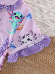 2pcs/Set Tween Girl Casual Digital Cartoon Hexagon Dinosaur Print Lapel Short Sleeve Top And Shorts Pajama Set, Flame Retardant, Ruffle Cuff And Hem Design, All Season, Tween Girl - Multicolor - View 6