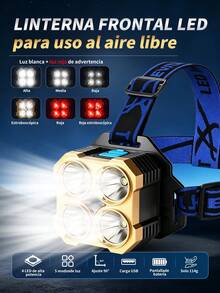USB Rechargeable LED Spotlight, LED Flashlight, Rechargeable Headlamp With 5 LEDs, Waterproof High-Brightness Spotlight, Powerful Super Bright LED Flashlight, Rechargeable, Portable Waterproof Emergency Work Light, Ultra Bright, Portable. - Black - View 2