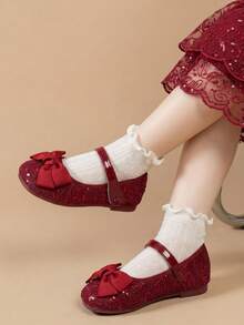 Fashionable & Beautiful Bow Girls' Autumn/Winter Flat Shiny Party Shoes - Burgundy - View 4