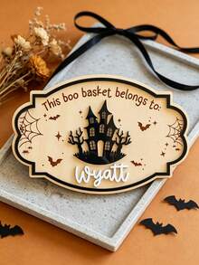 Custom 3D Halloween Wooden Name Plate, 2 Styles Ghost Theme Candy Basket Name Plate, Suitable For Haunted House, Halloween Party Trick Or Treat Decoration Name Plate - Multicolor - View 6