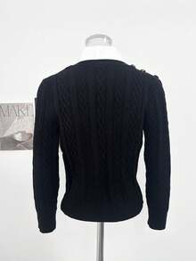 Korean Style Sweet 2 In 1 Shirt Collar Sweater Women Autumn/Winter Lazy Academy Style Cable Knit Regular Shoulder Knit Top - Black - View 7