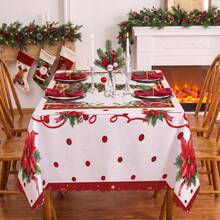 1pc Christmas Tree Holly Leaf Poinsettia Print Rectangular Tablecloth, Suitable For Holiday, Party, Birthday, Dinner, Restaurant Table Decoration, Christmas Home Autumn/Winter Decor - Multicolor - View 3