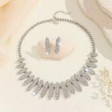 Wedding Bridal Necklace & Earrings Set, Full Rhinestone Super Sparkling Neck Chain, Evening Dress Wedding Jewelry For Women - 2 Silver - View 9