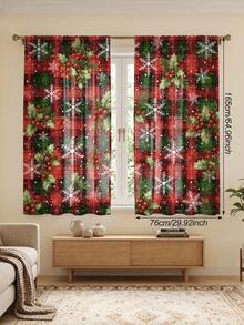 2Pcs Christmas Holiday Curtains, Vintage Red & Green Plaid Holly Snowflake Print Pattern Curtains, Semi-Blackout Rod Pocket Holiday Window Decor, Suitable For Living Room And Bedroom, Rod Not Included - Multicolor - View 16