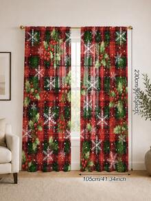 2Pcs Christmas Holiday Curtains, Vintage Red & Green Plaid Holly Snowflake Print Pattern Curtains, Semi-Blackout Rod Pocket Holiday Window Decor, Suitable For Living Room And Bedroom, Rod Not Included - Multicolor - View 15
