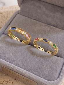 2Pcs Boho Y2K Stainless Steel Rings Set For Women,Colorful Oval & Baguette Crystal Promise Ring,Daily/Rave Party,Halloween/Fall/Birthday Gift - Multicolor - View 7