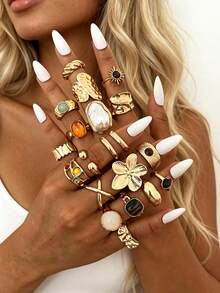 20/8/6pcs Vintage Luxury Casual Sunflower Tiger Eye Stone Flower Pearl Gold Rings Set, Suitable For Women's Daily Wear, Vacation, Party, Stacking - Gold - View 2