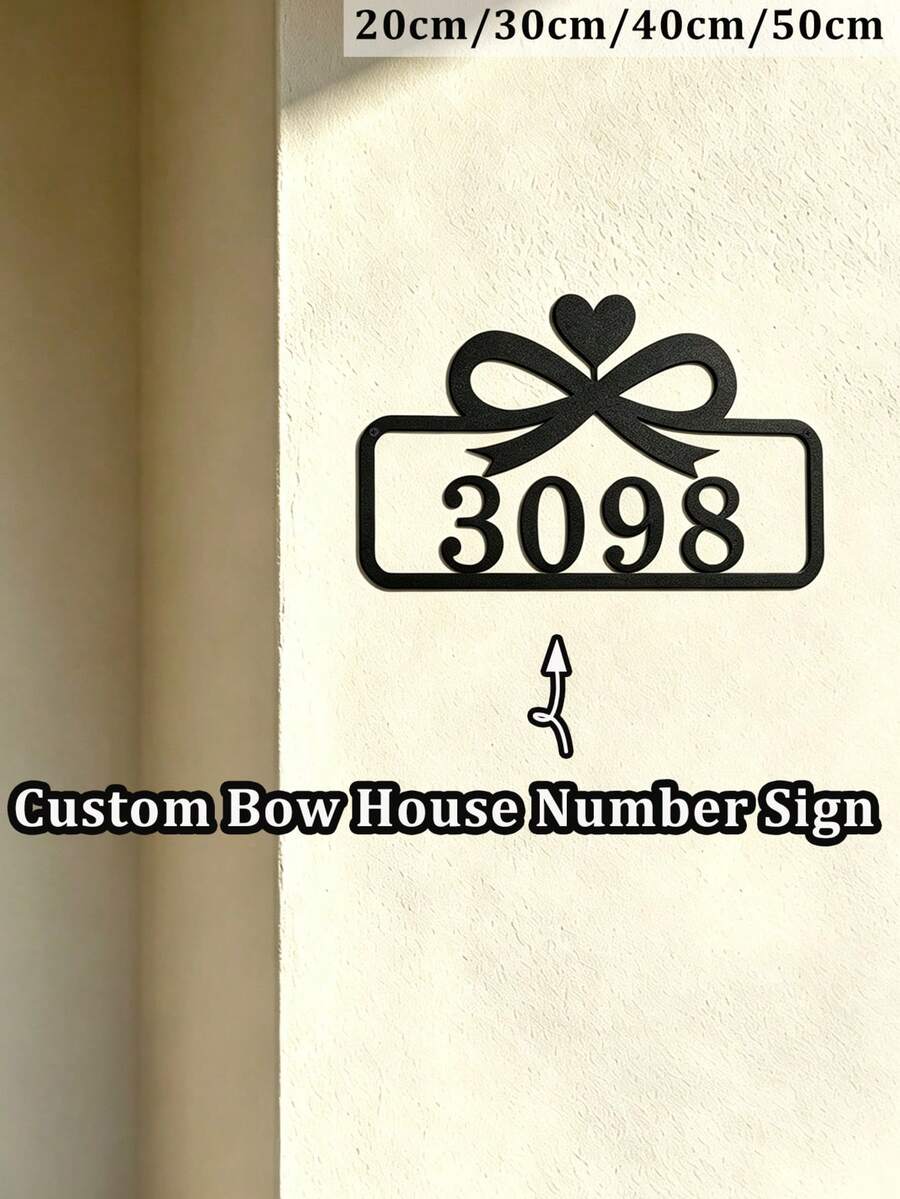 4 Sizes Available! Bow & Heart Metal House Number Address Sign,Personalized Address Plaque, Door Number, Hotel Room Numbers Sign - Black - View 1