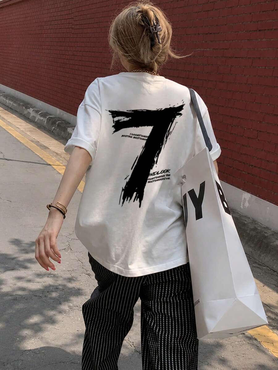 Japanese Style Women's Loose Round Neck Short Sleeve Letter & Number Print T-Shirt, Spring/Summer White Casual - White - View 1