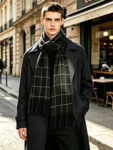 1pc Autumn/Winter New Men's Couple British Style Tassel Warm Scarf, Fashion Streetwear Soft Comfortable Shawl Suitable For Daily Use - Black - View 2