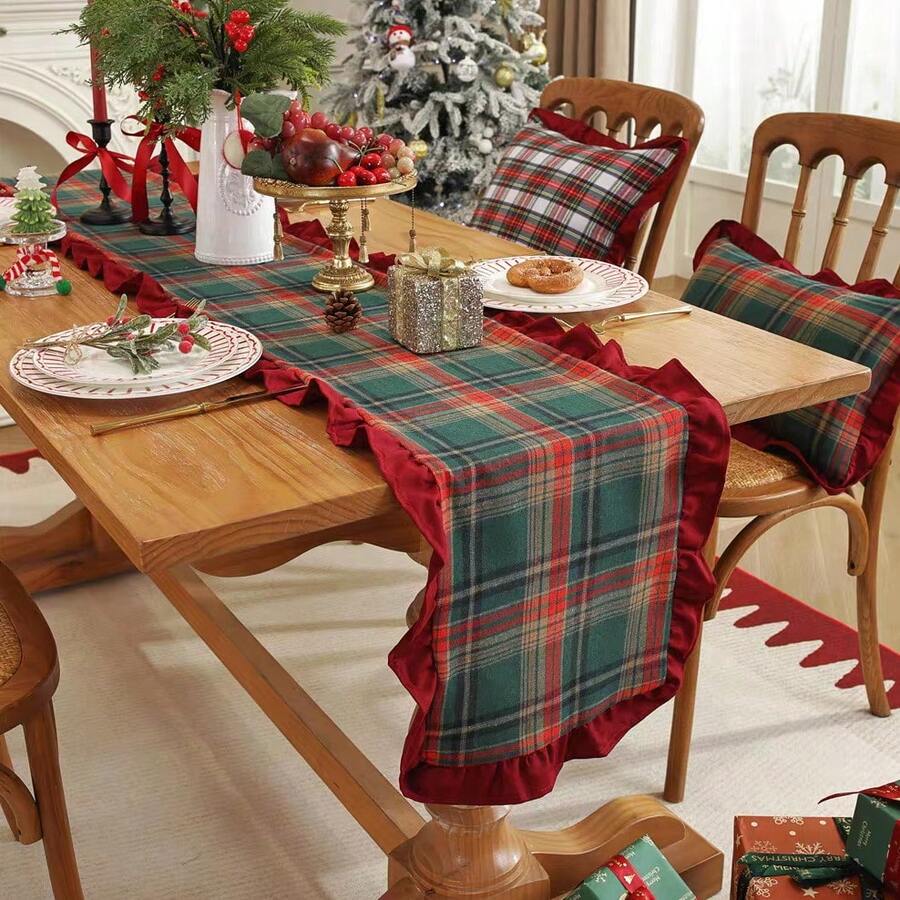 1pc Christmas Plaid Patchwork Velvet Ruffle Table Runner, Suitable For Christmas Holiday And Home Decor - Green Plaid - View 1