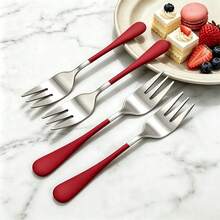 2/6/12pcs Dessert Fork Set, Cake Fork, Fruit Fork, Tea Fork, Suitable For Restaurant, Afternoon Tea, Cafe, Wedding, Date Gift - Silver + Red - View 4