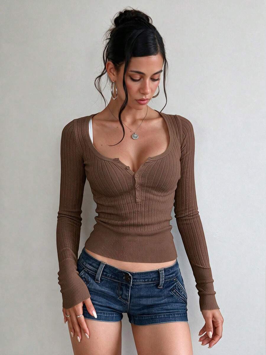 Mystra Women's Casual Button Ribbed Slim Fit Long Sleeve Sweater/T-Shirt, Suitable For Summer And Autumn/Winter Seasons - Brown - View 1