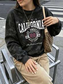 Women's New Minimalist Winter Letter Print Casual Crew Neck Fashion Versatile Tie-Dye Sweatshirt - Black - View 4
