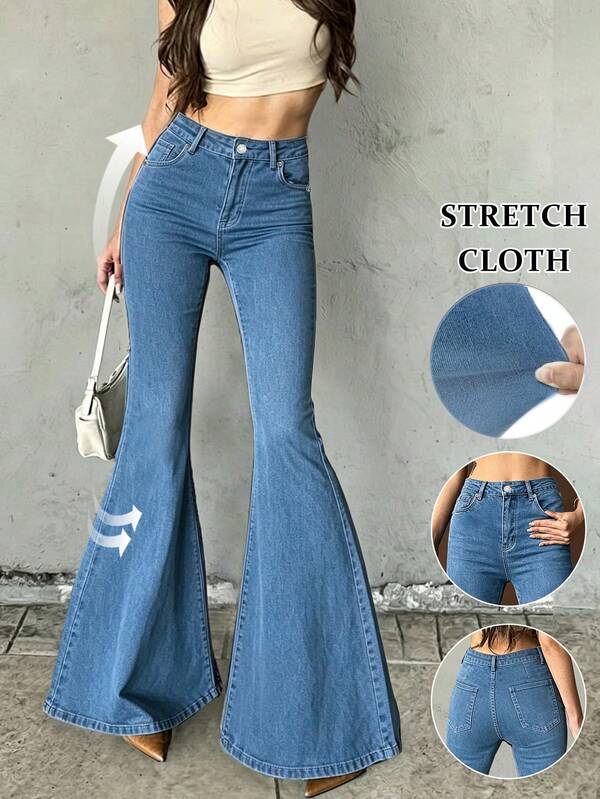 Women Pure Blue Flare Jeans High Waist Stretch Flare Pants Sexy Flare Long Pants Y2K Vintage Elegant Vacation Casual , Fall Winter