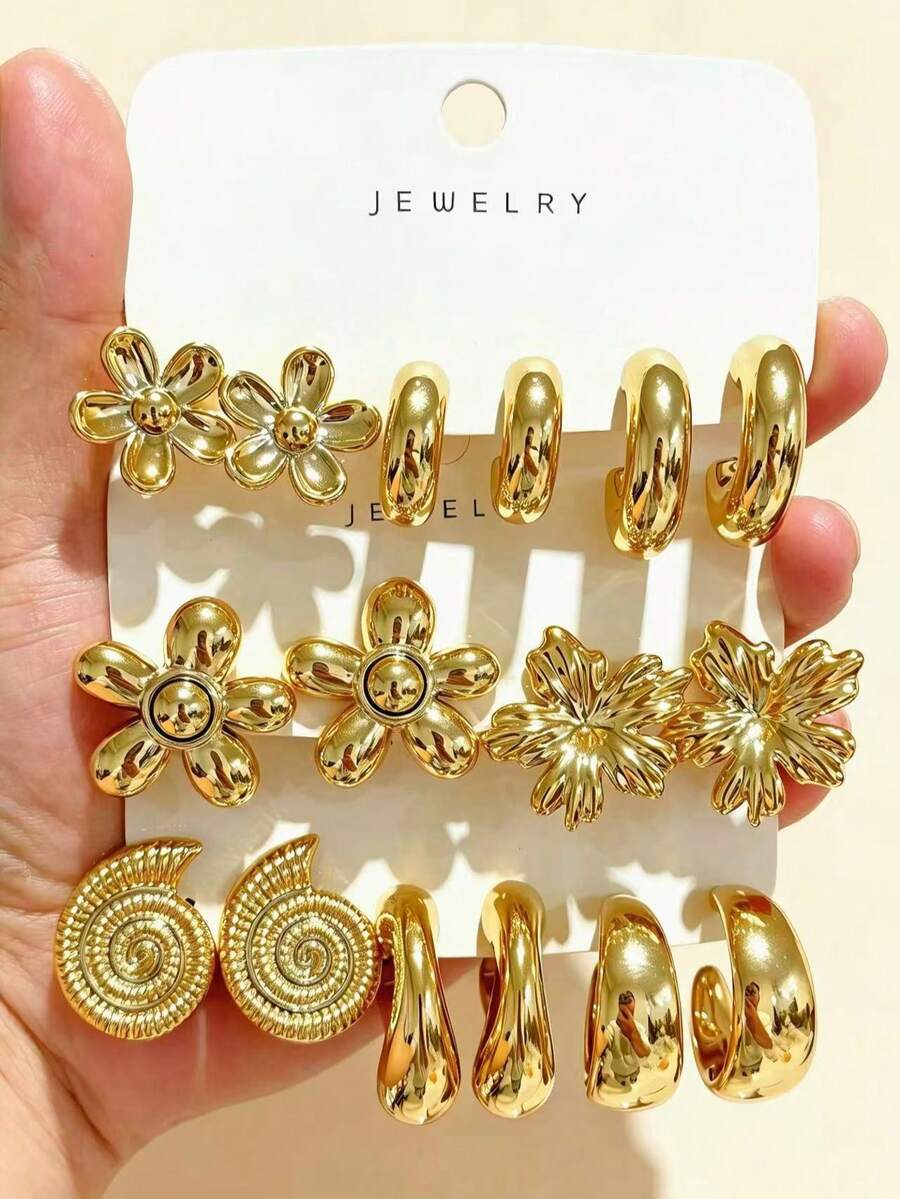 4/6/16PCS Fashionable Elegant Floral Geometric Multi-Element Gold Metallic Earring Set, Women's Fashion Earring Set (Lightweight CCB Material, Non-Fading) - Gold - View 1