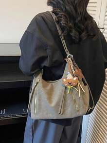 2026新款女款大容量通勤小眾設計單肩包 休閒百搭極簡時尚斜挎包 舒適布料PU紋理 純色設計 拉鍊開合 可調節長肩帶 多功能舒適大空間托特包 附吊飾 - 綠色 - 查看 4