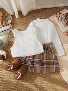 3pcs Baby Girl Gentle Academy Style Plush Plaid Bow Vest + Solid Color Small Stand Collar Long Sleeve Base Layer + Matching Plaid Pleated Skirt Set, Autumn/Winter - Khaki - View 4