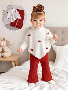 Baby Girl Autumn/Winter Sweet Cherry Knit 2 Pieces Set, High Neck Asymmetrical Top With 3D Cherry Applique, Paired With Red Ribbed Flared Pants, Soft Elastic Fabric, Festive And Sweet, Suitable For Daily Wear And 1st Birthday Photo Outfits - White - View 1