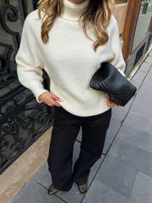 MORI Fall Winter Women Sweaters Elegant Casual Y2K Off White Turtleneck Ribbed Knit Tops Drop Shoulder Loose Pullover Streetwear Outfits - White - View 2