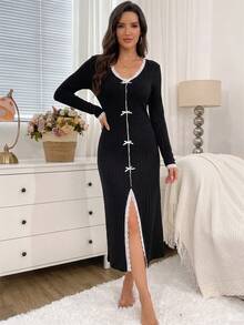 Women's Long Sleeve Ribbed Solid Color Sweet Bow Lace Trim Sexy Slit Fitted Long Dress, Fashionable Elegant Comfortable Nightgown For Spring Autumn Winter - Black - View 4