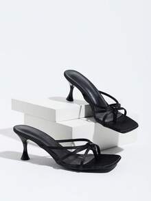 Women's Thin Strap High Heel Sandals, Black Satin Bow Square Toe Kitten Heel Slip-On Slides, Open Toe Mule Shoes, Suitable For Date And Party - Black - View 7