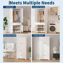 Wooden Wardrobe Armoire, Freestanding Bedroom Closet Cabinet With 2 Drawers, Adjustable Shelves And Spacious Storage, Multi-Functional Clothes Storage Organizer For Bedroom, Living Room And Home - White - View 7
