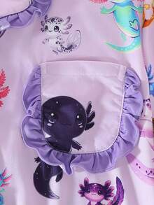 2pcs/Set Tween Girl Casual Digital Cartoon Hexagon Dinosaur Print Lapel Short Sleeve Top And Shorts Pajama Set, Flame Retardant, Ruffle Cuff And Hem Design, All Season, Tween Girl - Multicolor - View 5