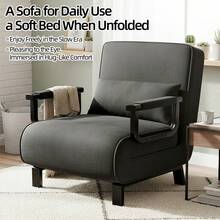 Single Convertible Sofa Bed With Armrest,5‑Position Adjustable Backrest,Iron Frame Folding Sleeper Chair With Pillow,Multi‑Purpose Lounge Couch For Small Apartment Living Room Guest Room,Dark Grey Linen Fabric - Black - View 2