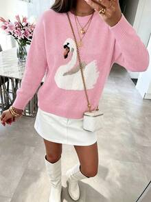 Casual Healing Atmosphere Cartoon Swan Jacquard Knit Top Women's Loose Long Sleeve Pullover Sweater Round Neck Dropped Shoulder Front Chest Swan Jacquard Texture Pattern Soft Skin-Friendly Breathable Autumn/Winter Sweet Knit Top - Pink - View 11