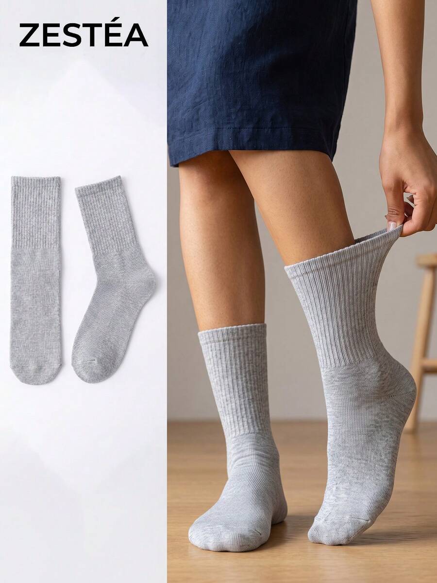 5 Pairs Unisex Light Gray Solid Color Elastic Ribbed Breathable Minimalist Mid-Calf Socks For Daily Wear - Multicolor - View 1