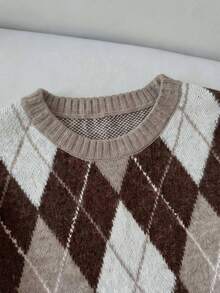 1pc Autumn/Winter Vintage Style Argyle Round Neck Sweater, Soft & Comfortable, Casual Slouchy Contrast Color Knit Pullover - Multicolor - View 5