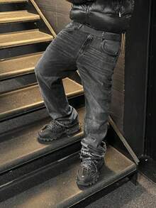 Men's Denim Jeans Flared Leg Jeans, Slim Fit Distressed Flare Leg Jeans, Y2K Stacked Jeans, Versatile Washed Embroidered Jeans For All Seasons - Black - View 3