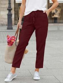 Jisfaneya Women's Solid Color Drawstring Casual Straight Leg Pants With Pockets - Burgundy - View 5