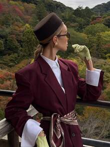 Women's Elegant Burgundy Suit Set With Lining, Collar And Blazer Sleeves, Contrast Trim, Non-Stretch Fabric, Professional Style - Ankara Red - View 4