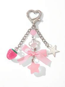 1pc Y2K Black Pink Bowknot Star Beaded Keychain, Cool Aesthetic Heart Clasp Bag Charm For Teen Girls Backpack Decor Gift - Multicolor - View 6