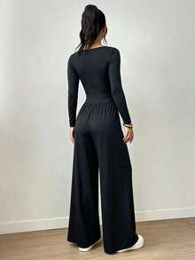Women's Autumn/Winter Square Neck Front Twist Design Solid Color Pleated Casual Minimalist Daily Wear Jumpsuit - Black - View 4