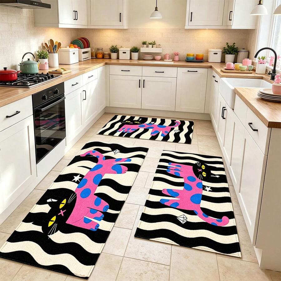 1pc Bathroom Anti-Slip Mat, Soft Faux Cashmere Material Floor Mat, Personalized Striped Polka Dot Cat Pattern Faux Cashmere Rug, Kitchen Anti-Slip, Bathroom Anti-Slip, Entrance Doorway Use, Bedroom Doorway Suitable, Multi-Scenario Use Anti-Slip Mat, Room Decoration, Holiday Gift - Multicolor - View 1
