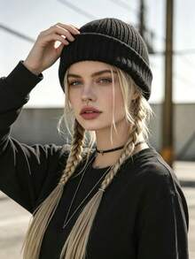1PC Unisex Solid Black Ribbed Cuffed Knit Beanie Hat, Soft Stretchy Warm Skull Cap, Casual Y2K Fall Winter Daily Street Headwear For Men Women - Multicolor - View 2