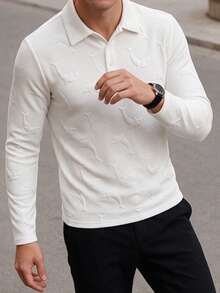 Men's Autumn Solid Color Jacquard Textured Turn-Down Collar Casual Long Sleeve Polo Shirt - White - View 2